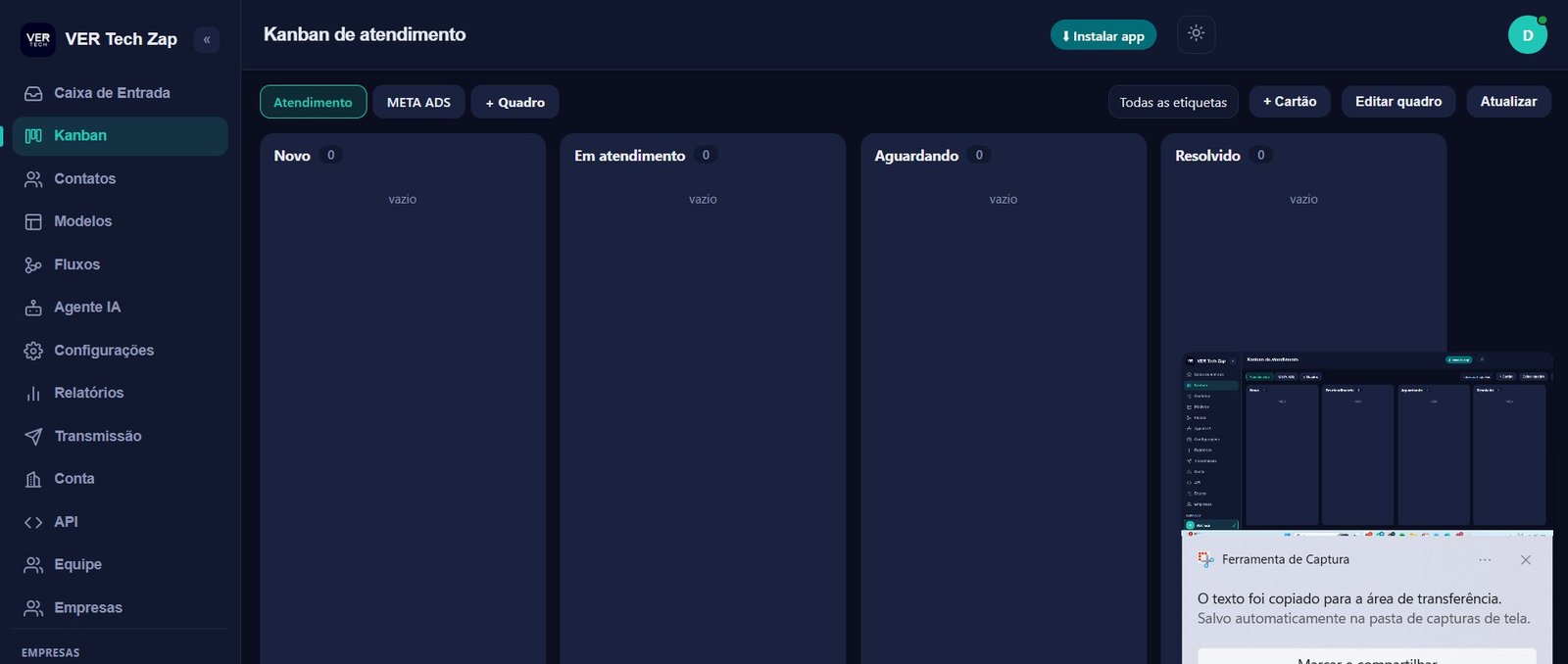 Kanban de atendimento